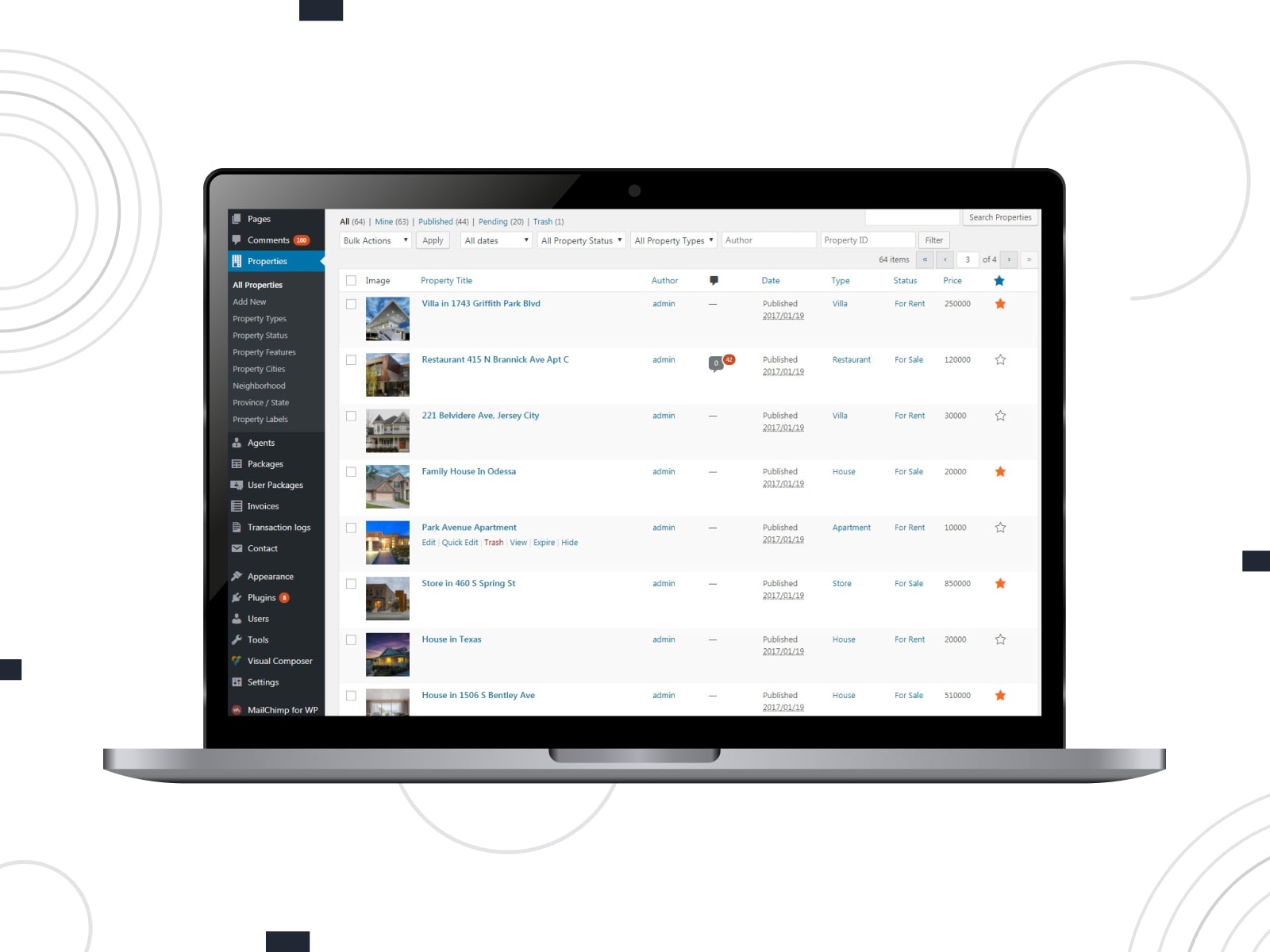 Collage of the Essential Real Estate free WordPress plugin dashboard.