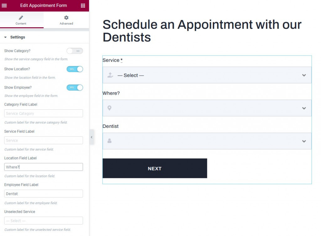 dentist booking form elementor