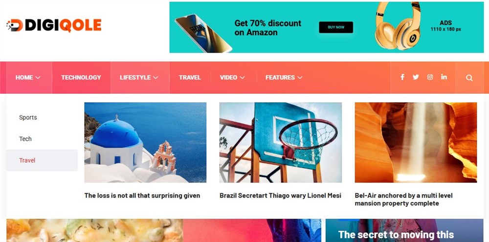 Screenshot of the Digiqole magazine theme demo page.