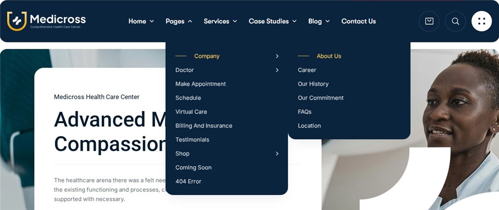 Screenshot of the Medicross medical WordPress theme demo.