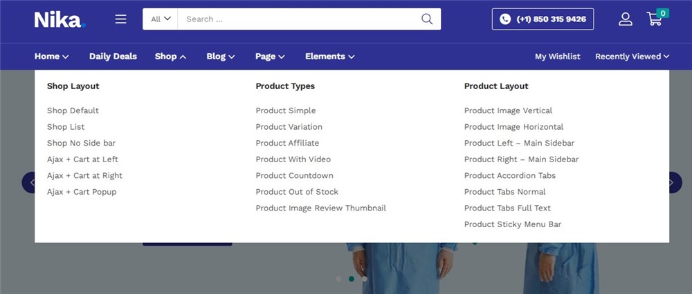 Screenshot of the Nika medical mega menu demo.
