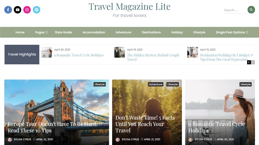 Travel Magazine Lite for WordPress Newspaper Site Template