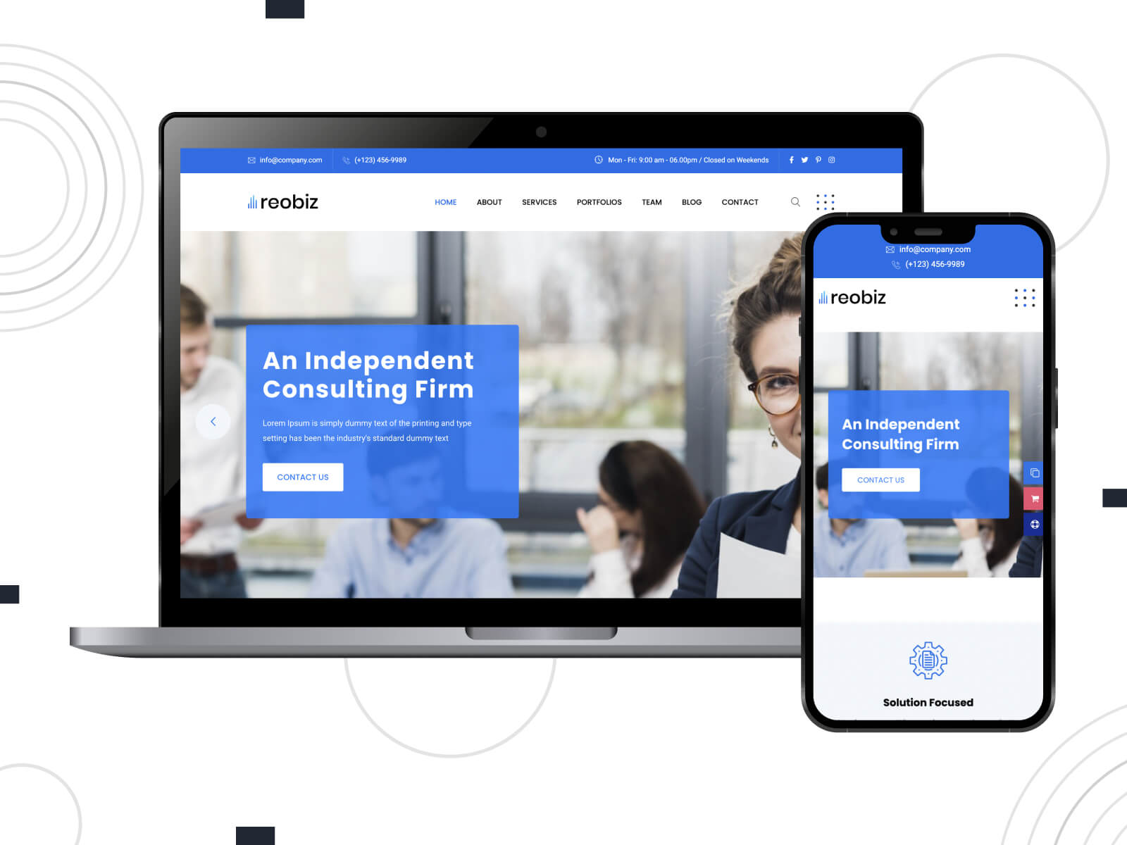 Illustration of Reobiz - luminous, cool, engaging one of the best WordPress themes for consultants with blog integration in rosy brown, steel blue, and royal blue color range.