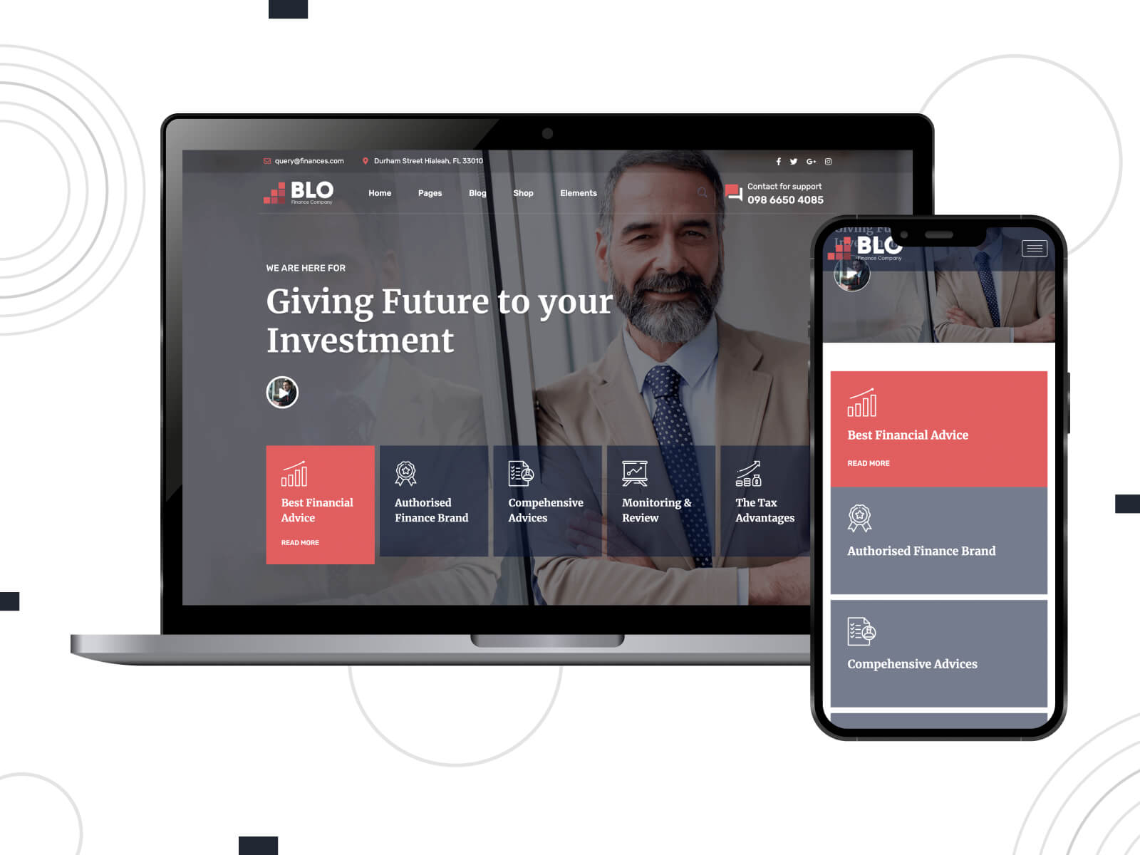 Image of BLO - shadowed, calm, one of the best WordPress themes for consultants optimized for mobile and tablet views in slate gray, light coral, and dark slate gray color scheme.