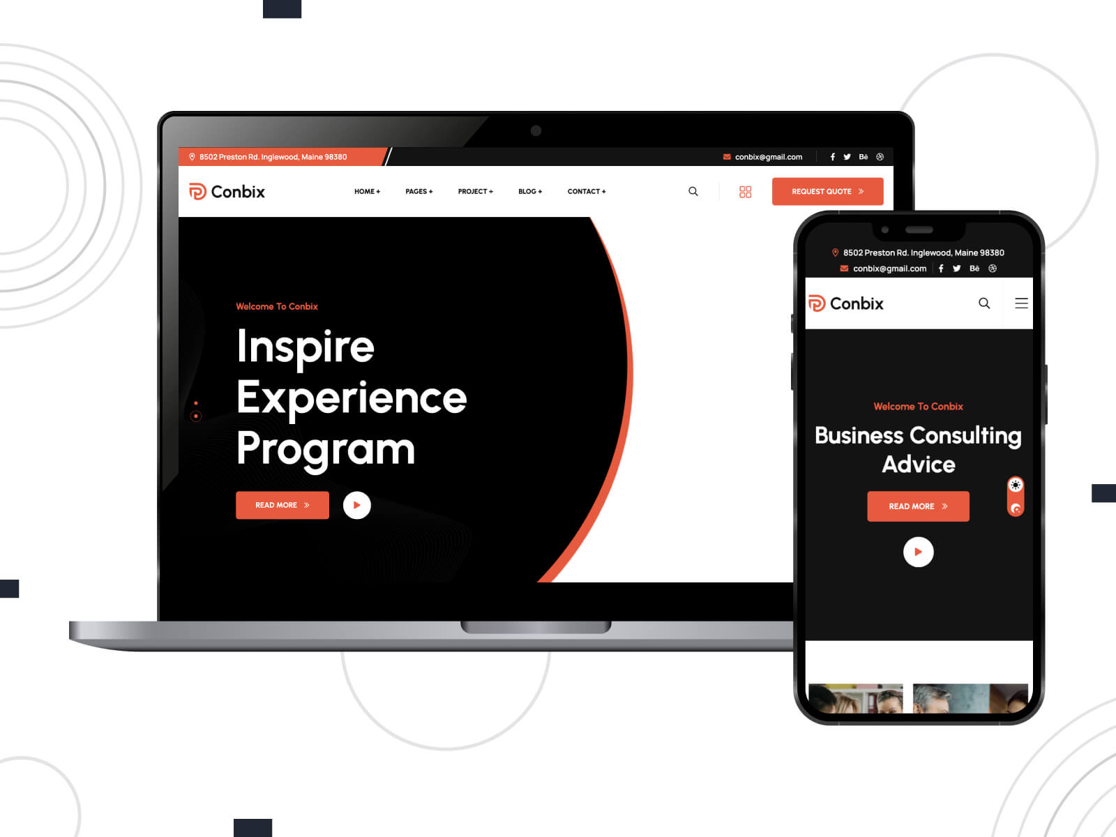 Photo of Conbix - shadowed, rich, niche-specific WordPress theme for industry consultants in tomato, black, and sienna color combination.
