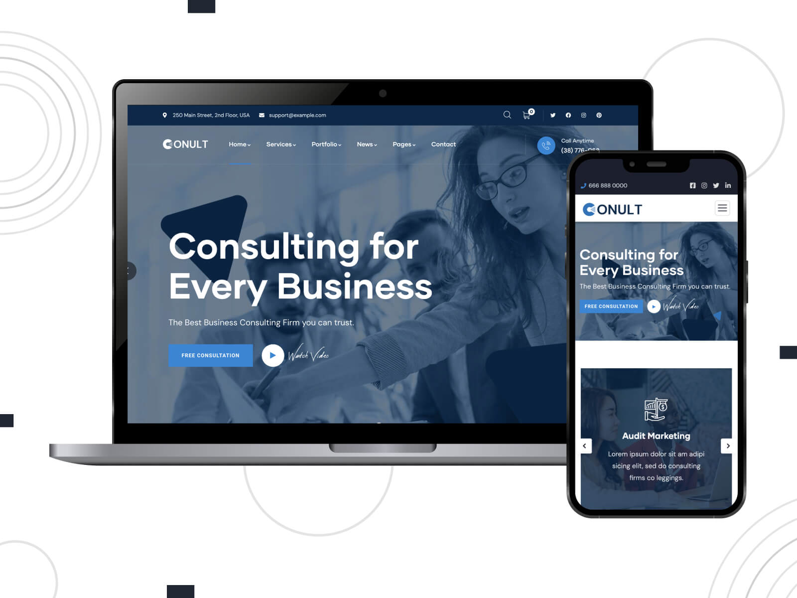 Snapshot of Conult - shadowed, crisp, professional look WP theme for consultancy startups in midnight blue, dim gray, and dark slate gray color range.