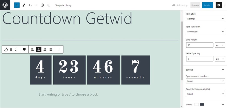 Countdown Gutenberg Getwid pacing and padding