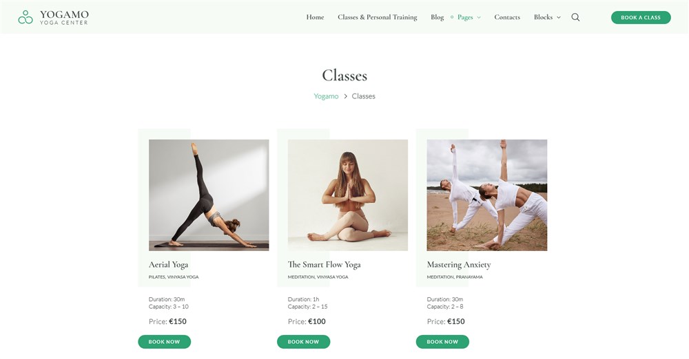 classes page yoga theme