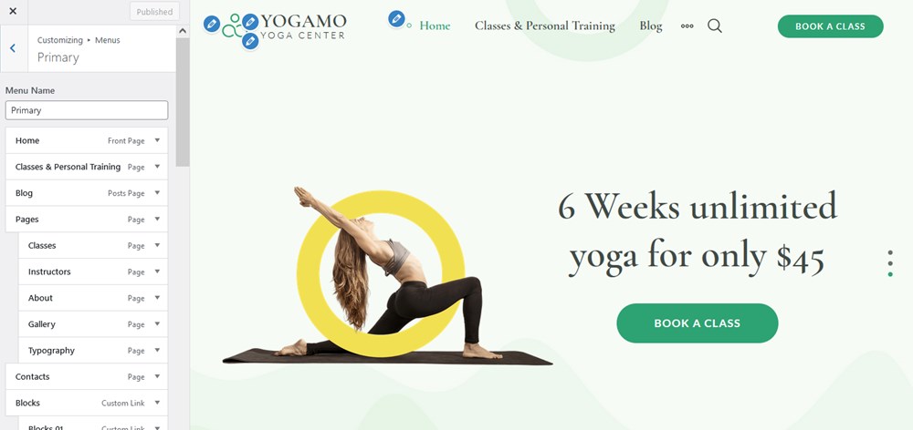 menu items yoga theme wordpress