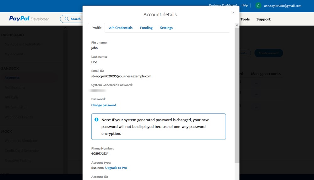 paypal sandbox account details
