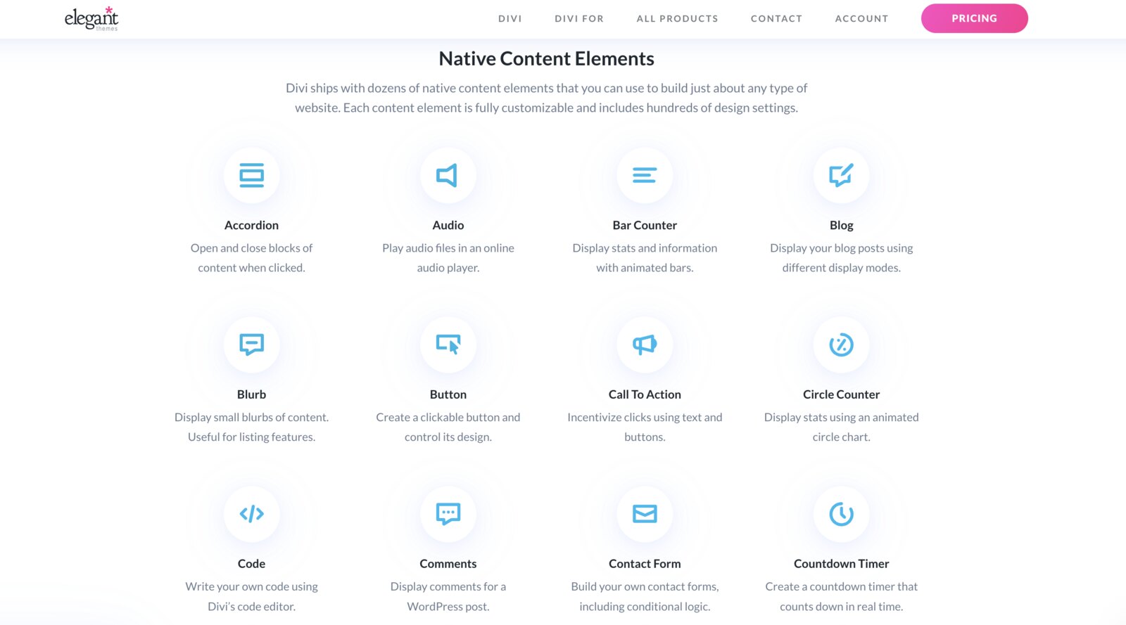 Screenshot of Divi native modules.