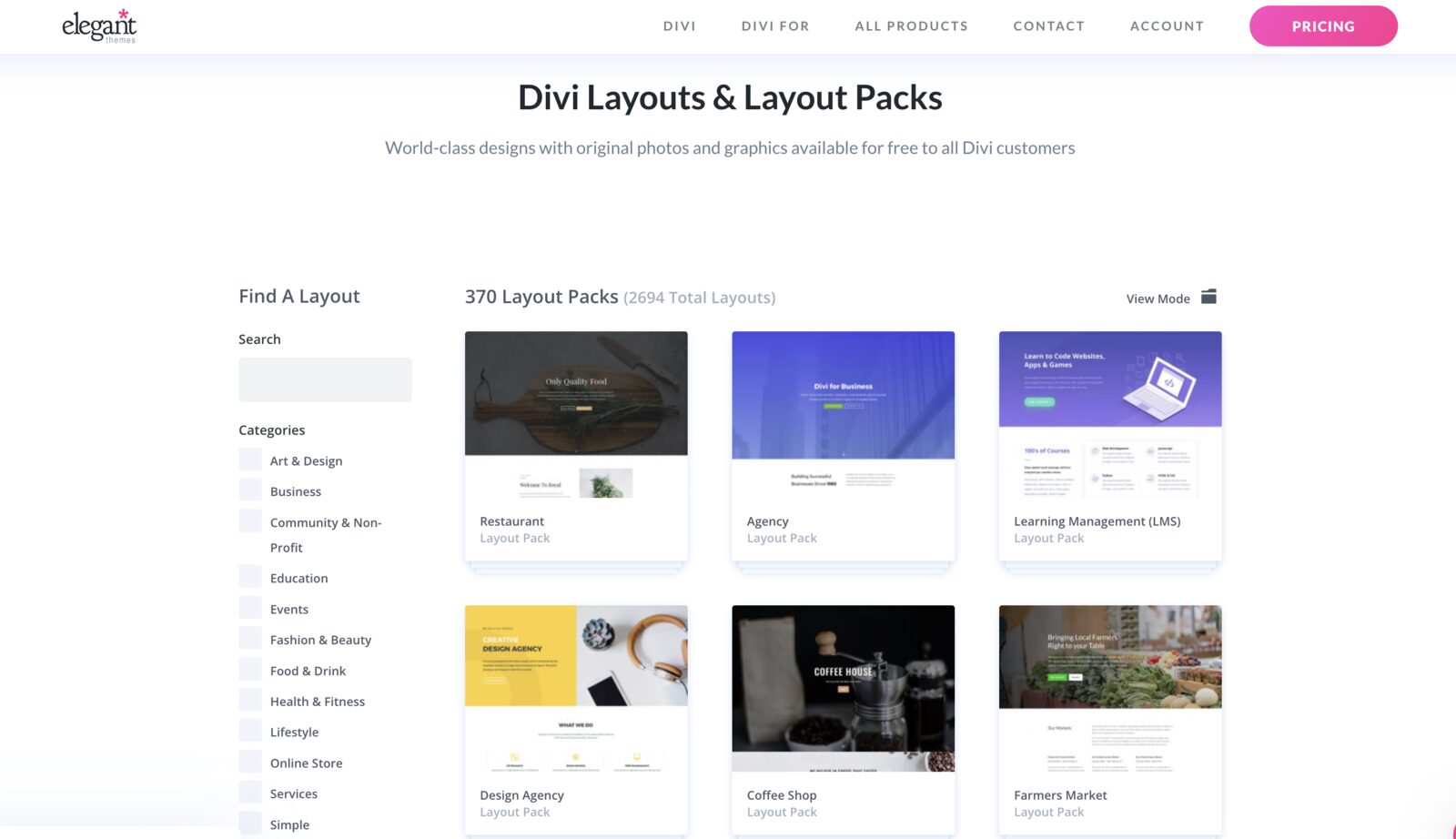 Screenshot of Divi layout packs.