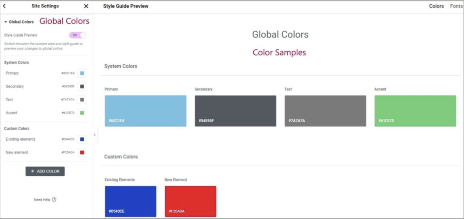 Screenshot of Elementor global colors settings.