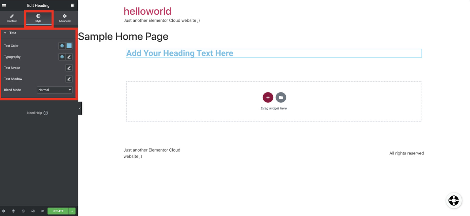 Screenshot of Elementor widget styling options.
