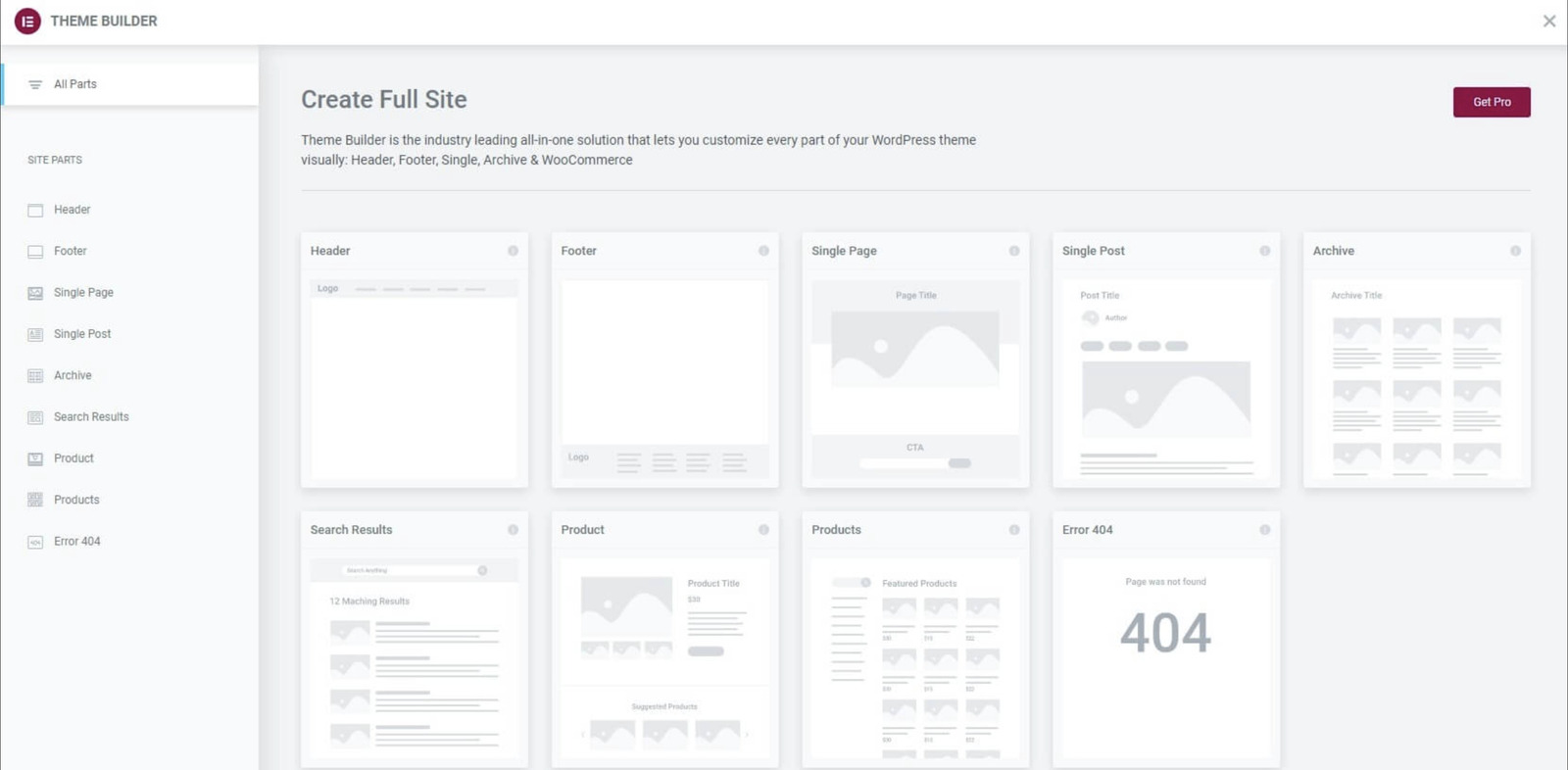 Screenshot of Elementor theme builder.