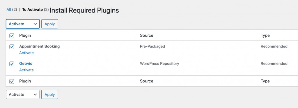 recommended plugins activation