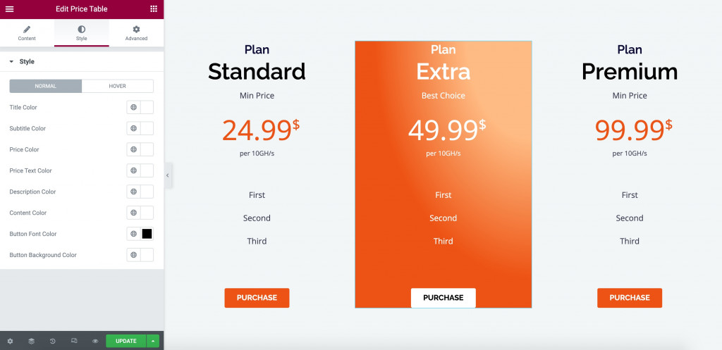 Price Table Widget Styling