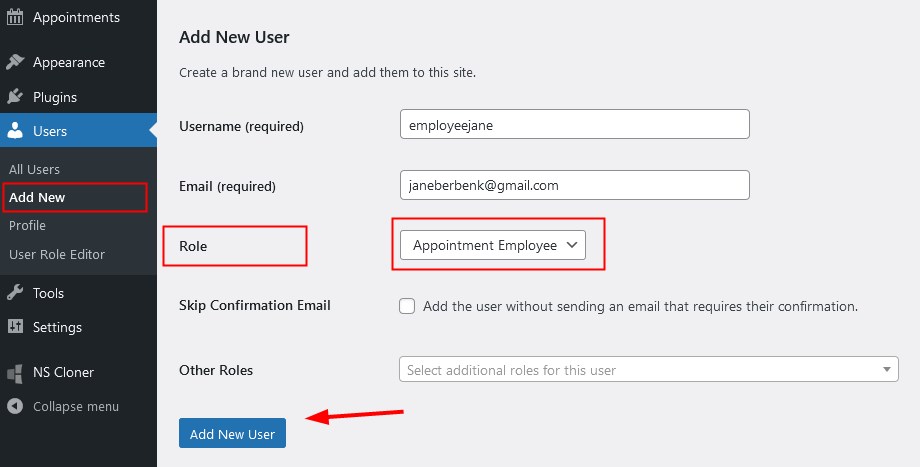 add new user appointment employee