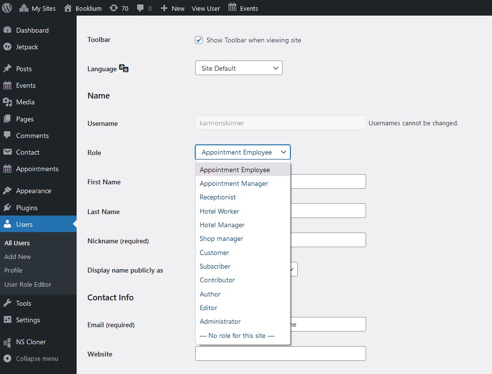 user roles appointment