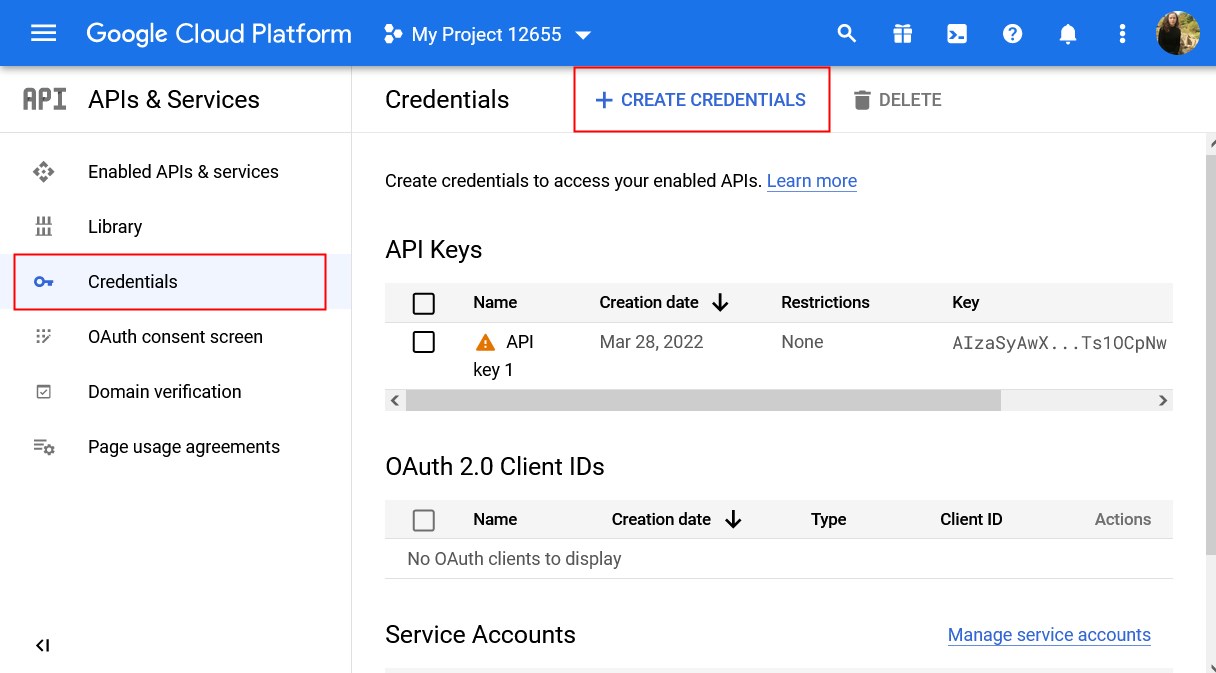 create credentials api calendar