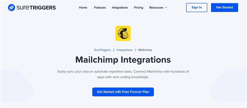 Screenshot of the SureTriggers mailchimp plugin home screen in blue and black colors,