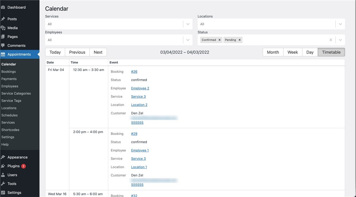 timetable view appointment booking calendar