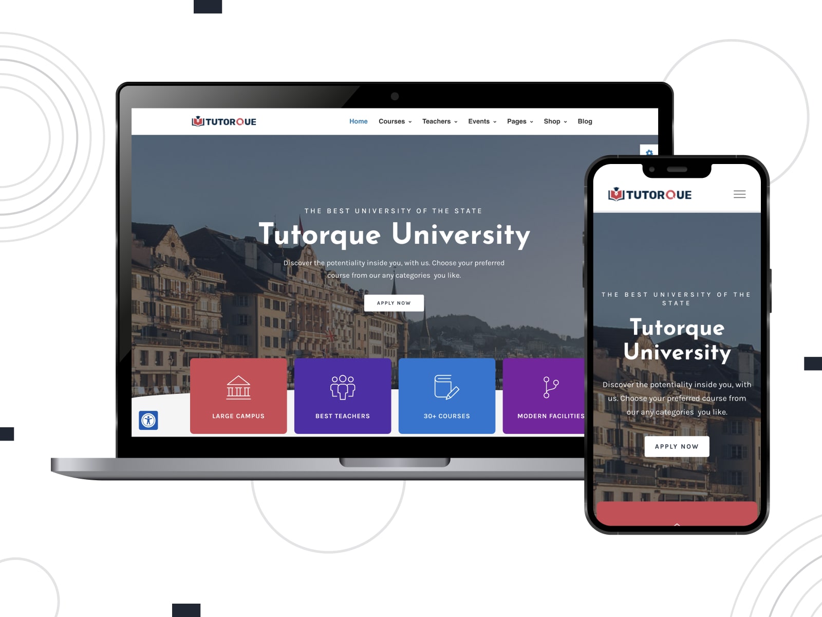 Collage of the Tutorque WordPress LMS theme for teachers and tutors on mobile and desktop screens.
