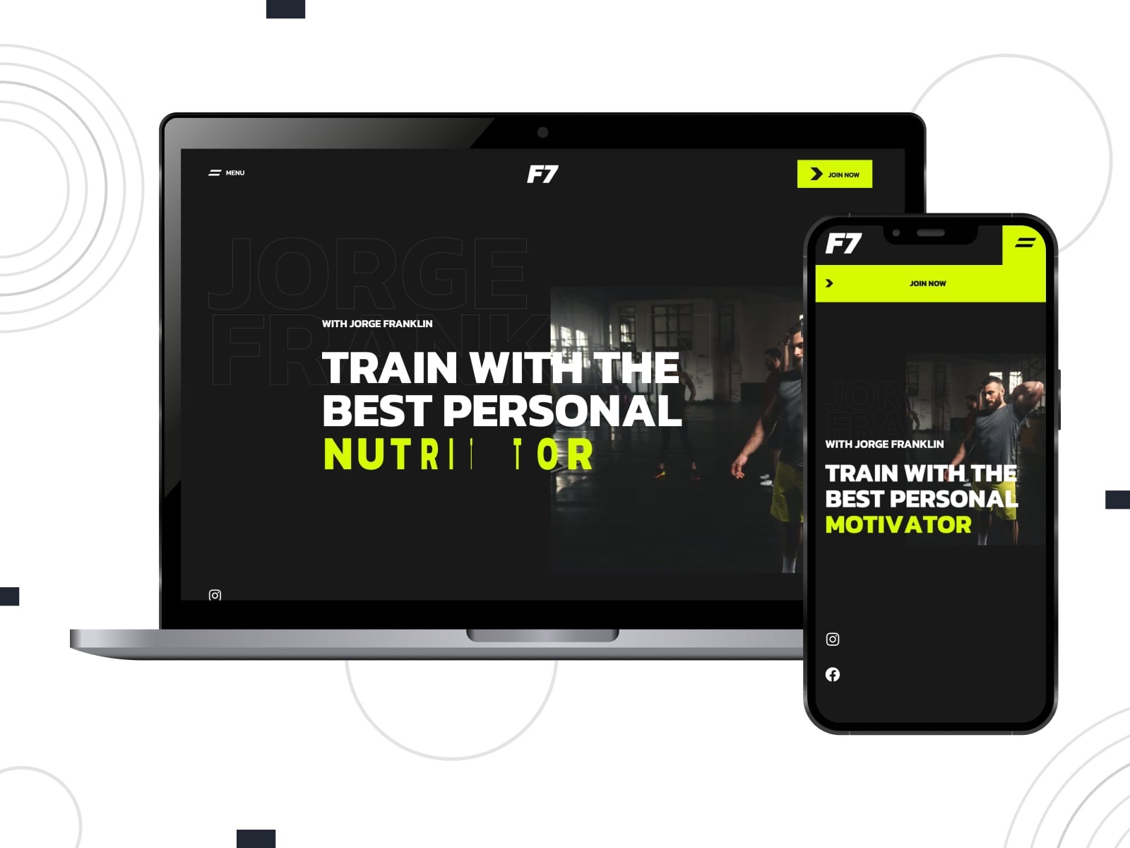 Collage of the F7 WordPress themes for personal trainer sites in the dark mode.