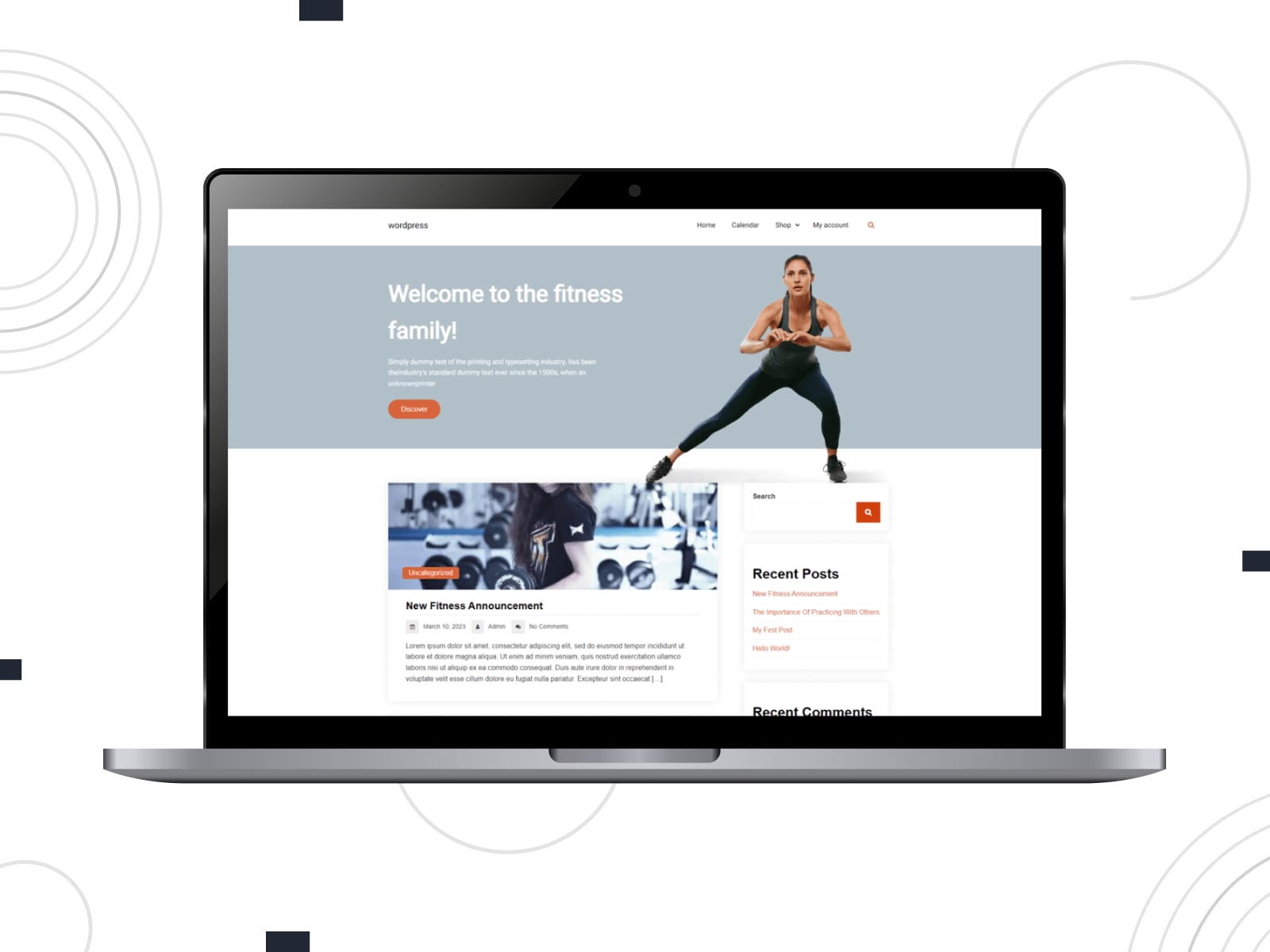Collage of the Fitness Blog free WordPress theme demo page on the desktop screen.