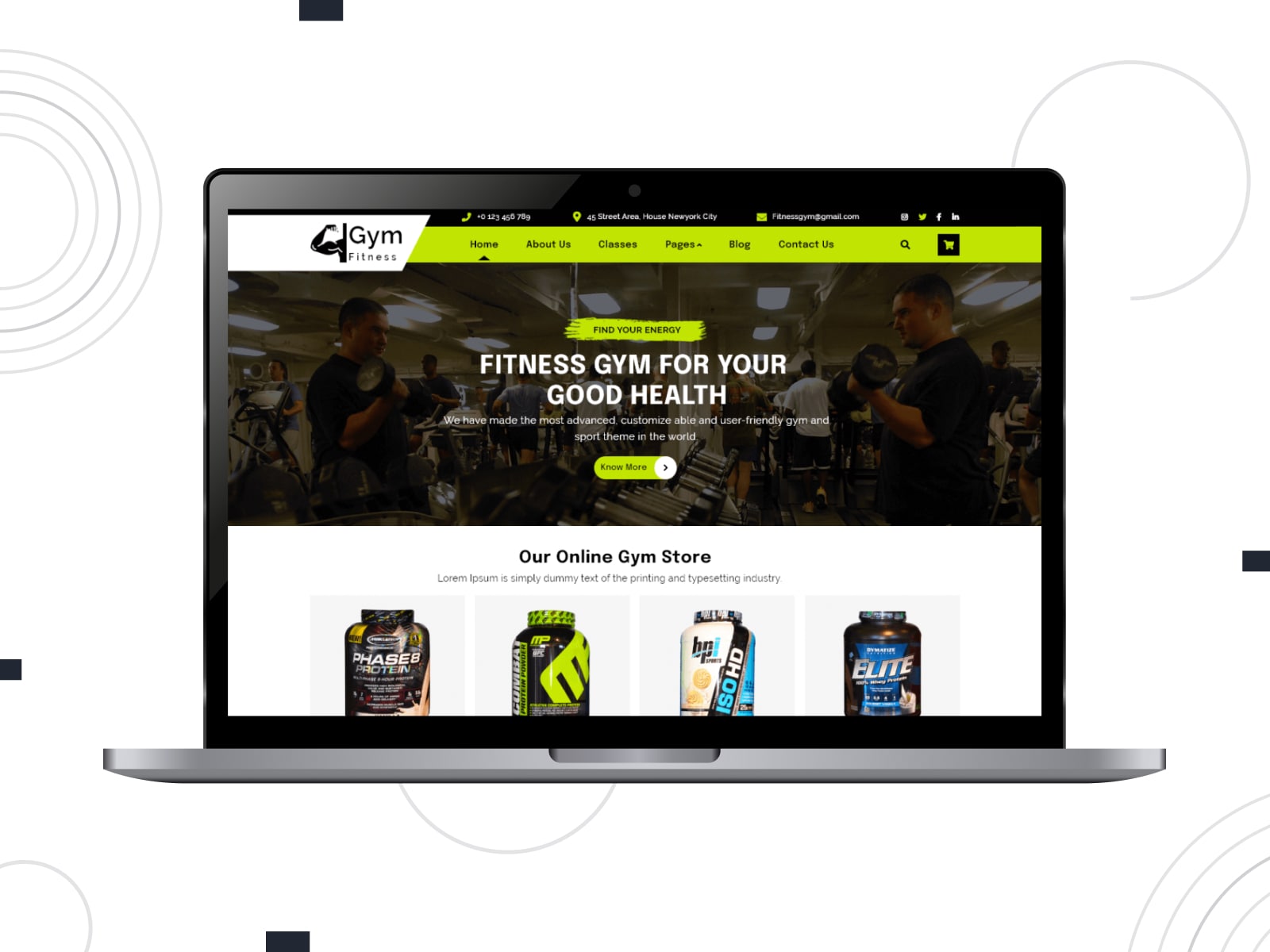 Collage of the Fitness Elementor WordPress theme demo page in green, white and black colors on the desktop screen.