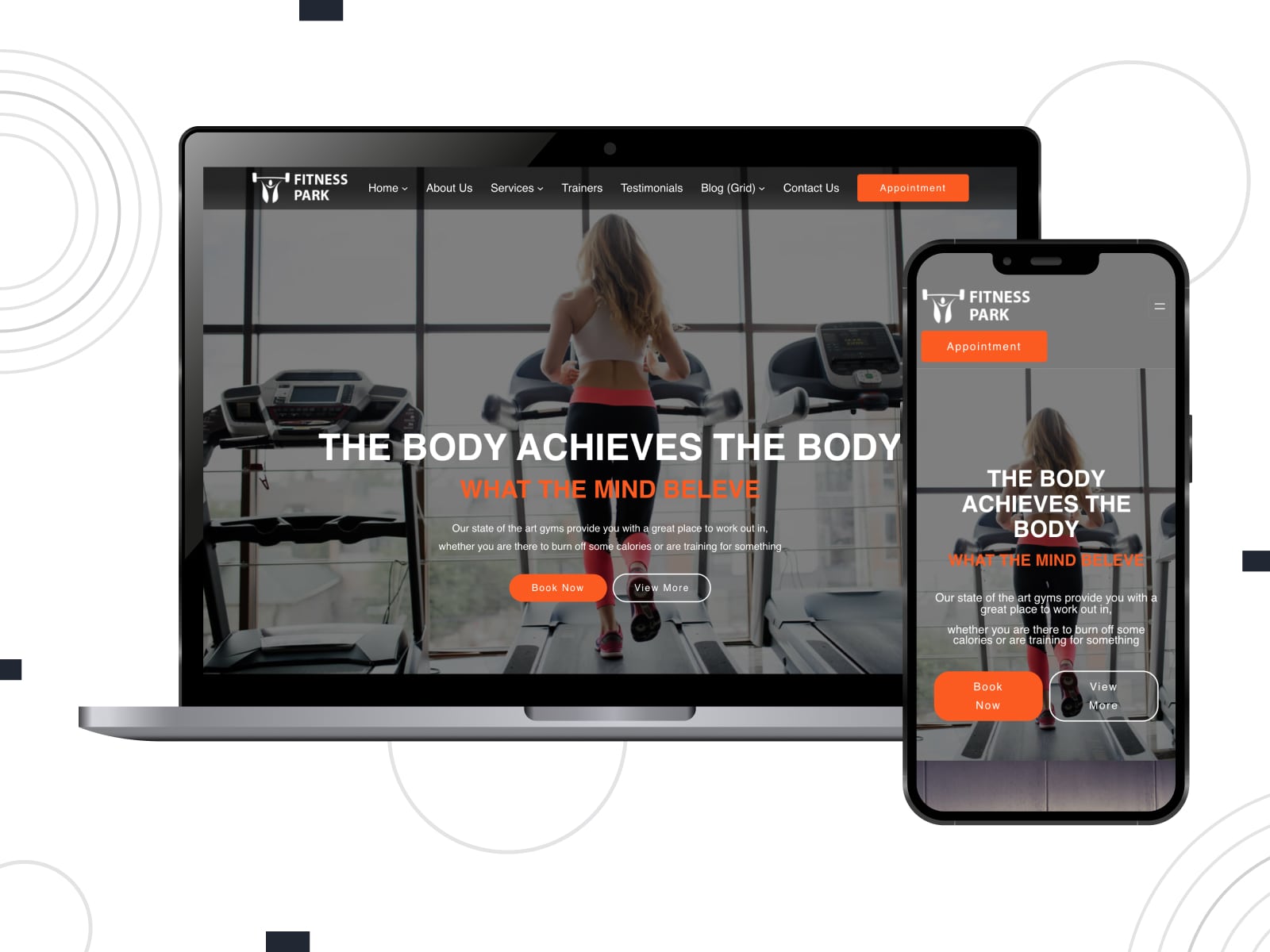 Collage of the Fitness FSE personal trainer WordPress theme demo in gray, orange and white colors on desktop and mobile screens.