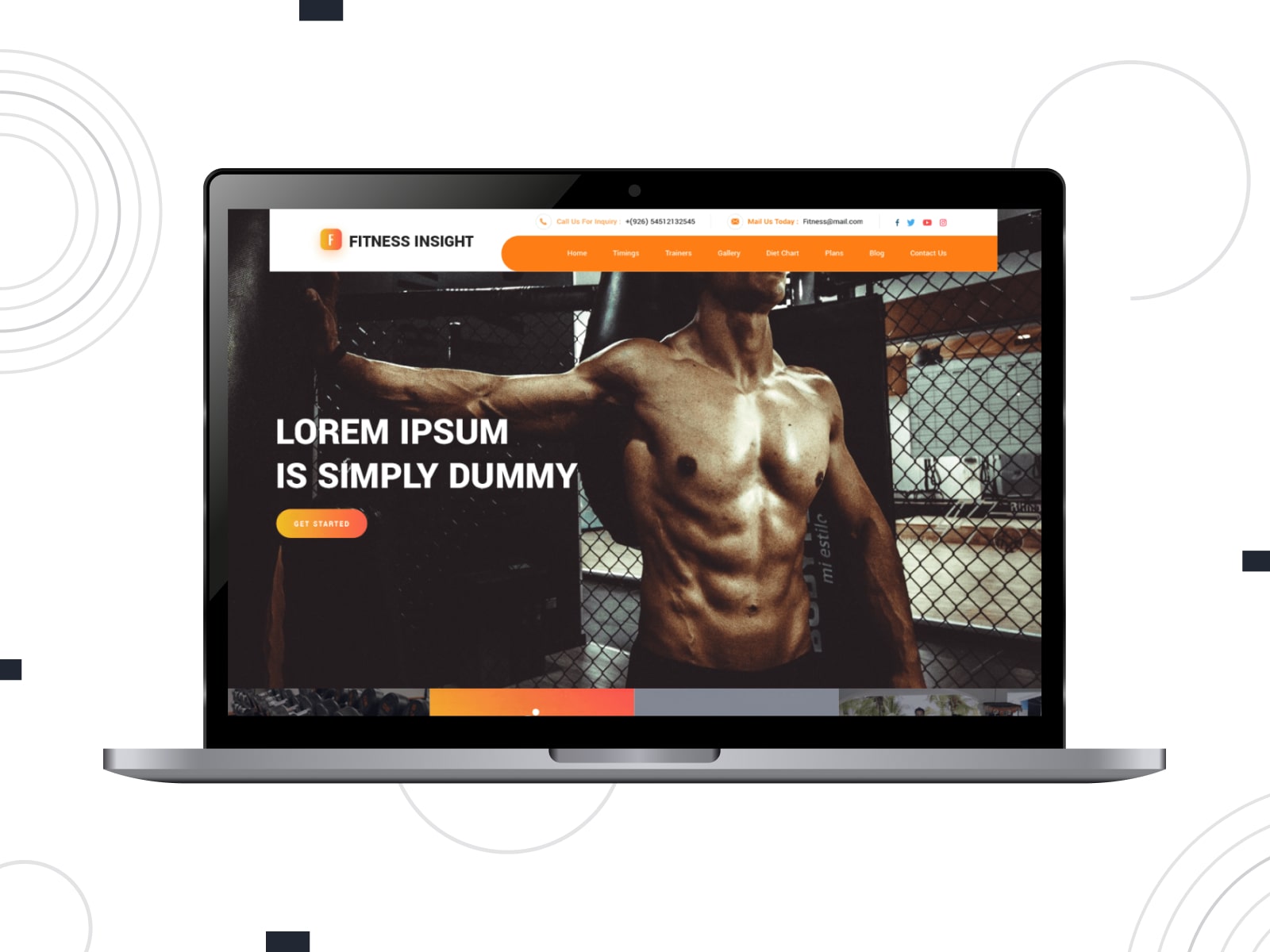 Collage of the Fitness Insight free WordPress theme demo page on the desktop screen.