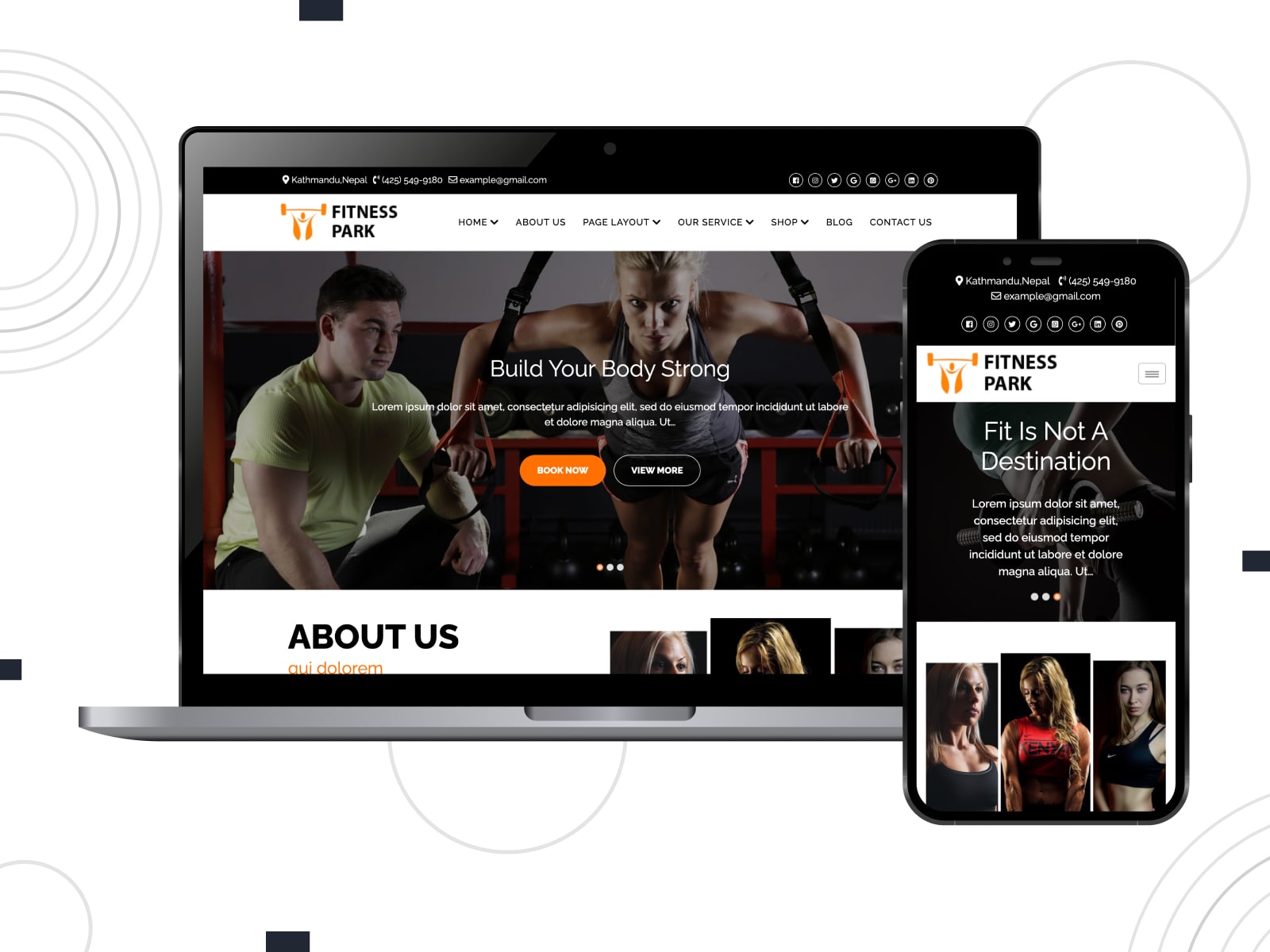 Collage of the Fitness Park theme for personal trainer WordPress websites in black, orange and white colors.