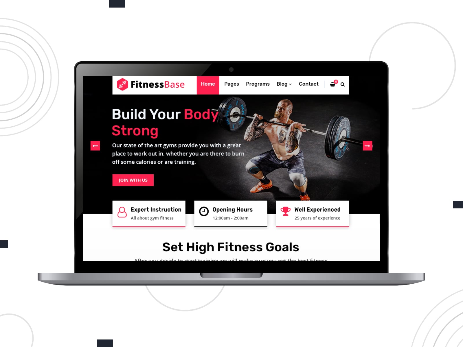 Collage of the FitnessBase WordPress personal trainer best themes demo page on the desktop screen.