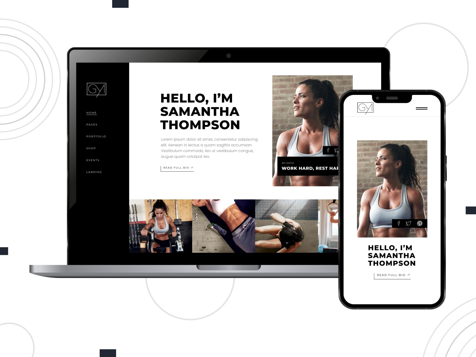 Collage of the Powerlift fitness trainer WordPress theme demo page in black, brown and white colors.