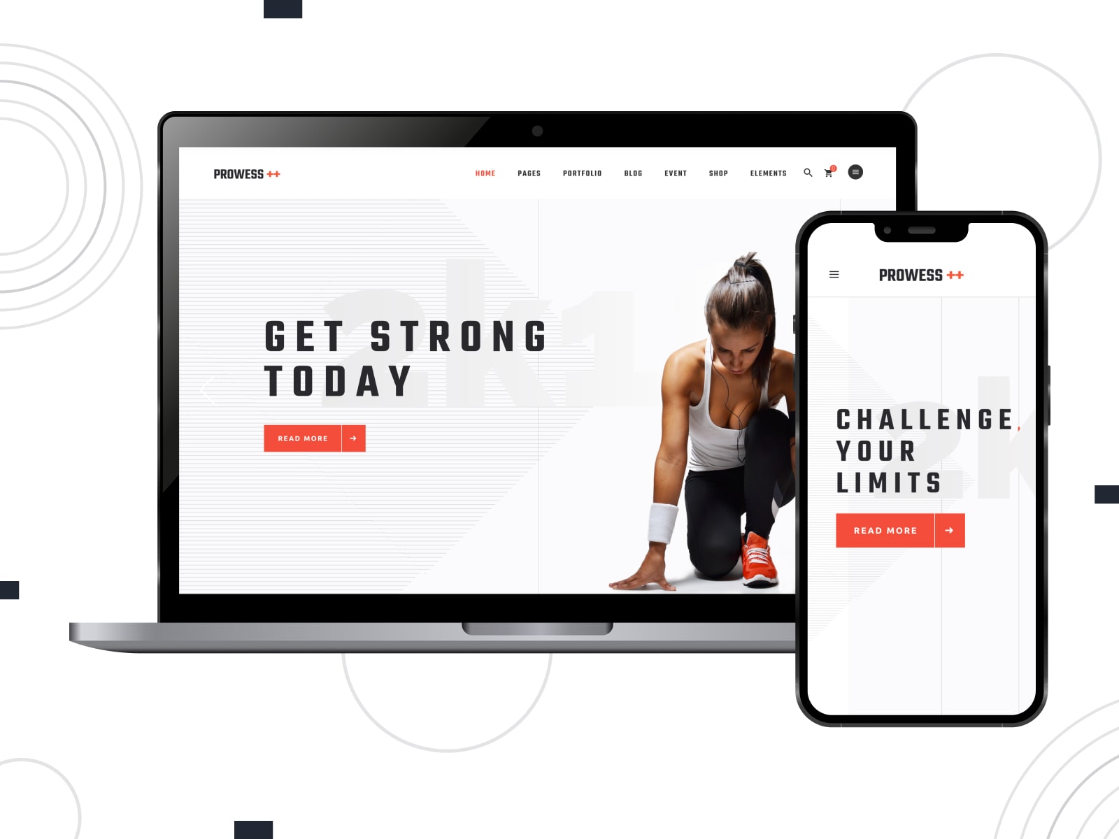 Collage of the Prowess fitness and gym WordPress theme demo page on mobile and desktop screens.