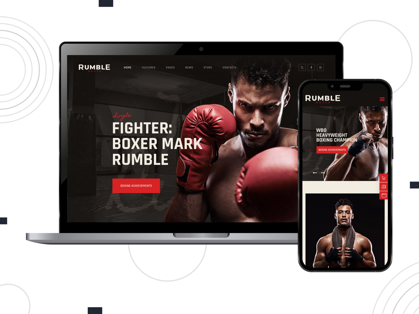 Collage of the Rumble gym and fitness WordPress theme demo page in black, red and white colors.