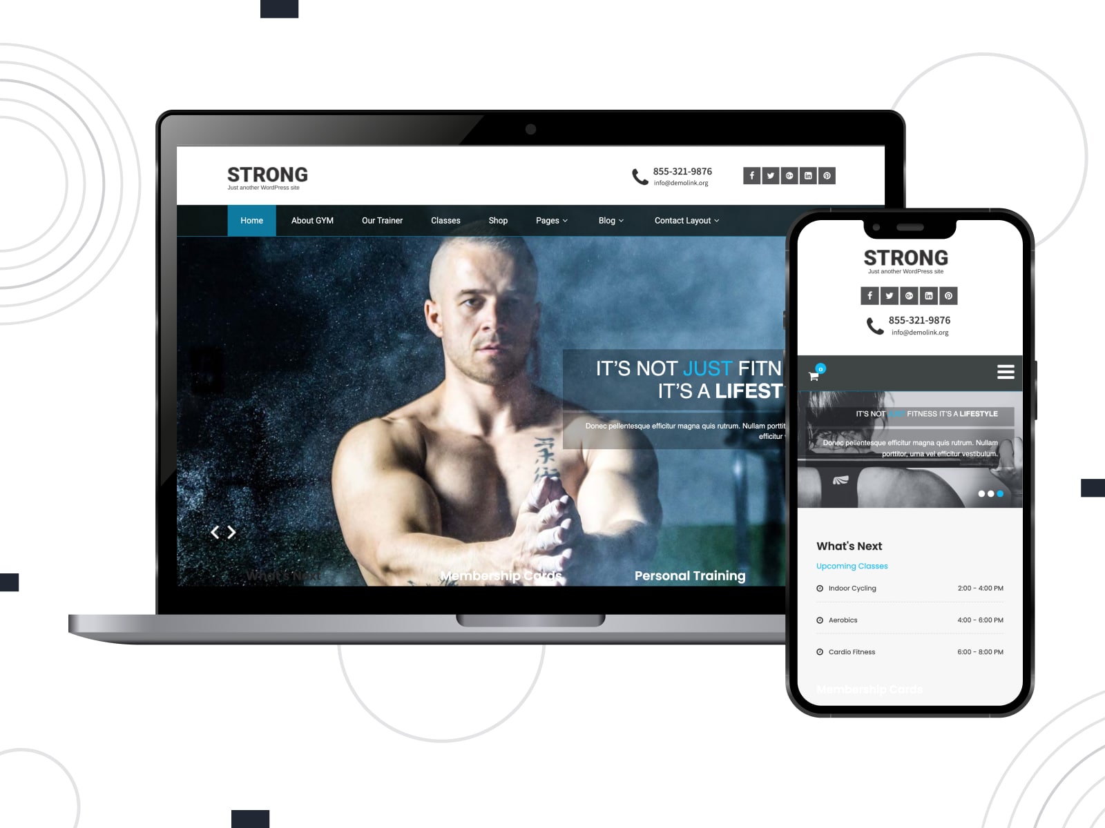 Collage of the SKT Strong free personal trainer WP theme on mobile and desktop screens.
