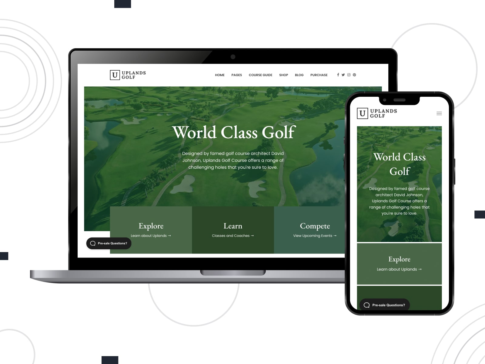 Collage of the Uplands personal golf trainer WordPress themes demo in green and white colors.