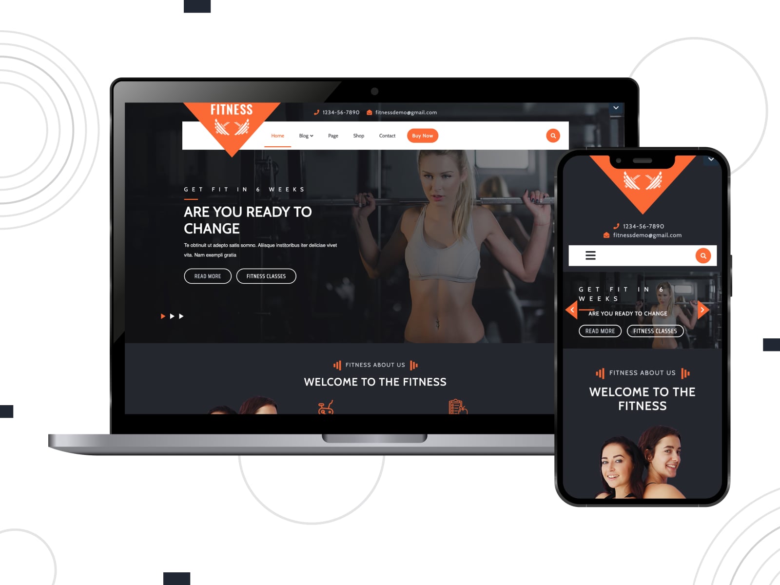 Collage of the VW Fitness Gym free personal trainer WordPress themes demo page on mobile and desktop screens.