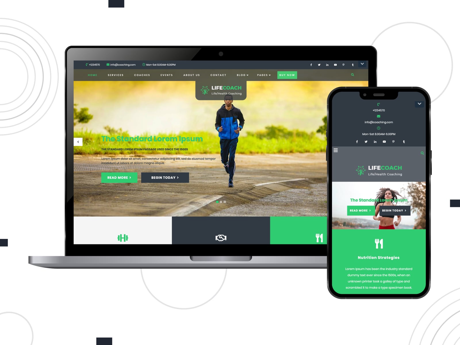 Collage of the VW Health Coaching free WordPress theme demo in green, white and black colors.