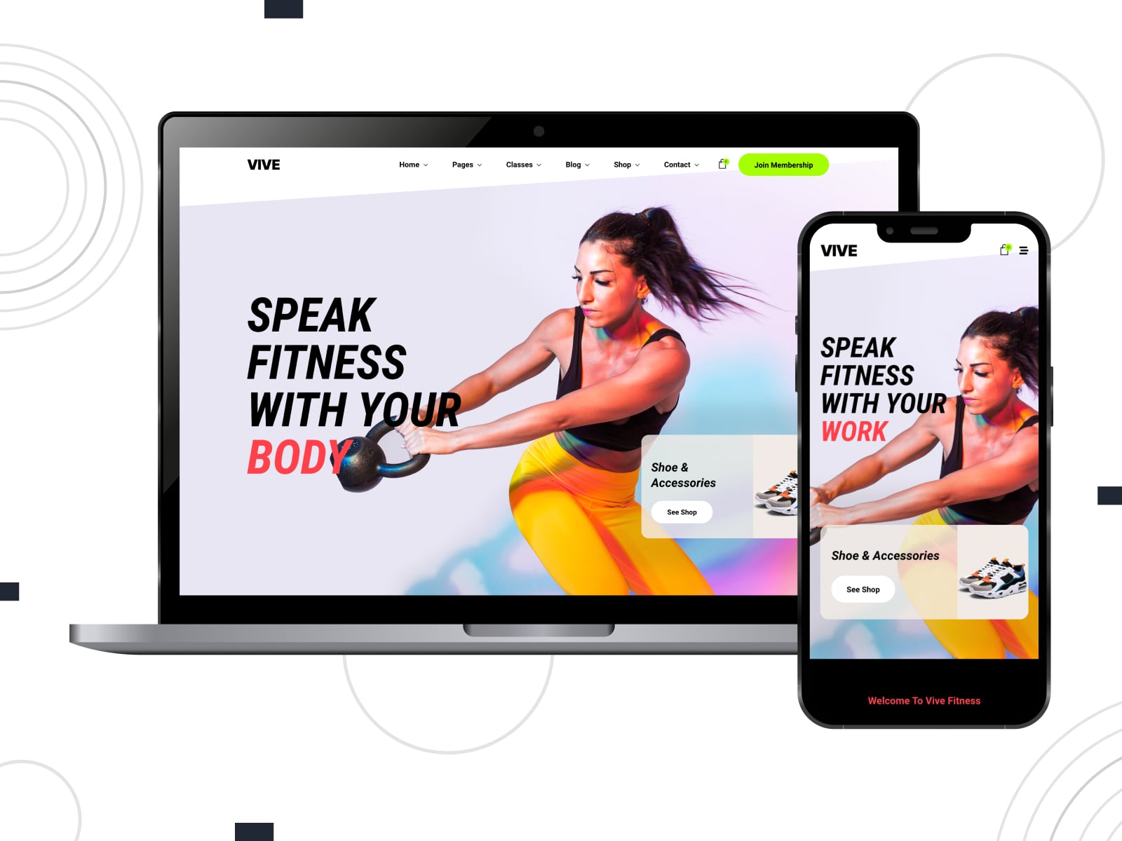 Collage of the Vive fitness trainer theme for gym websites.