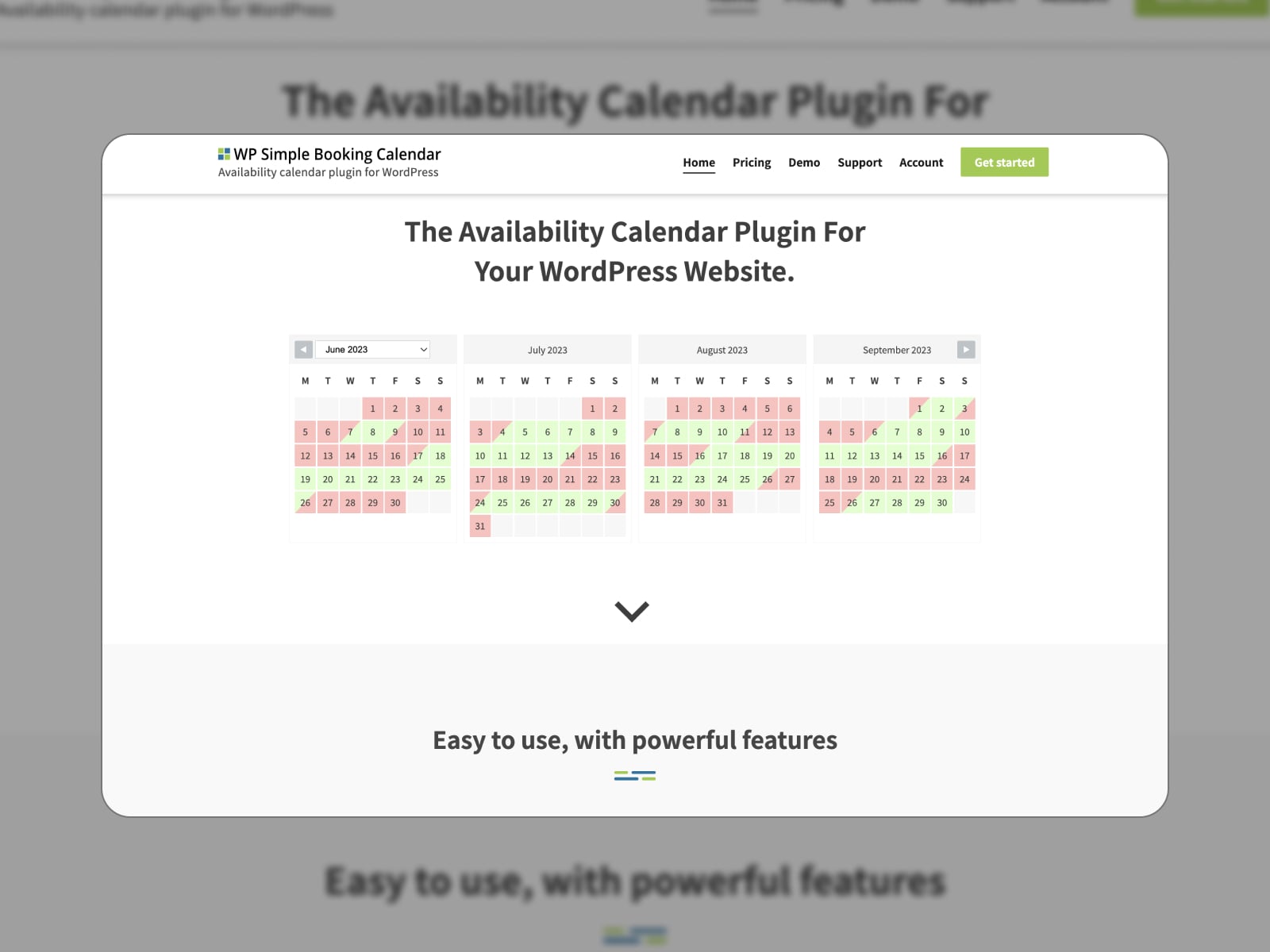 An example of the color-coded calendar in WP Simple Booking Calendar.