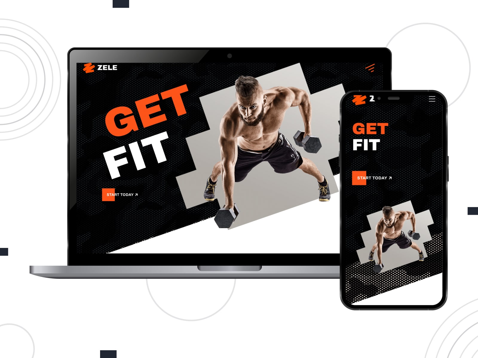 Collage of the Zele personal trainer WordPress themes demo page on mobile and desktop screens.