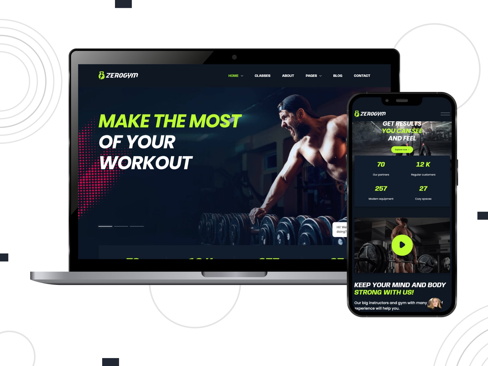Collage of the ZeroGym premium WordPress themes for personal trainer on mobile and desktop screens.