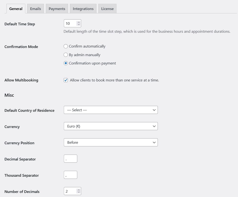 appointment booking settings