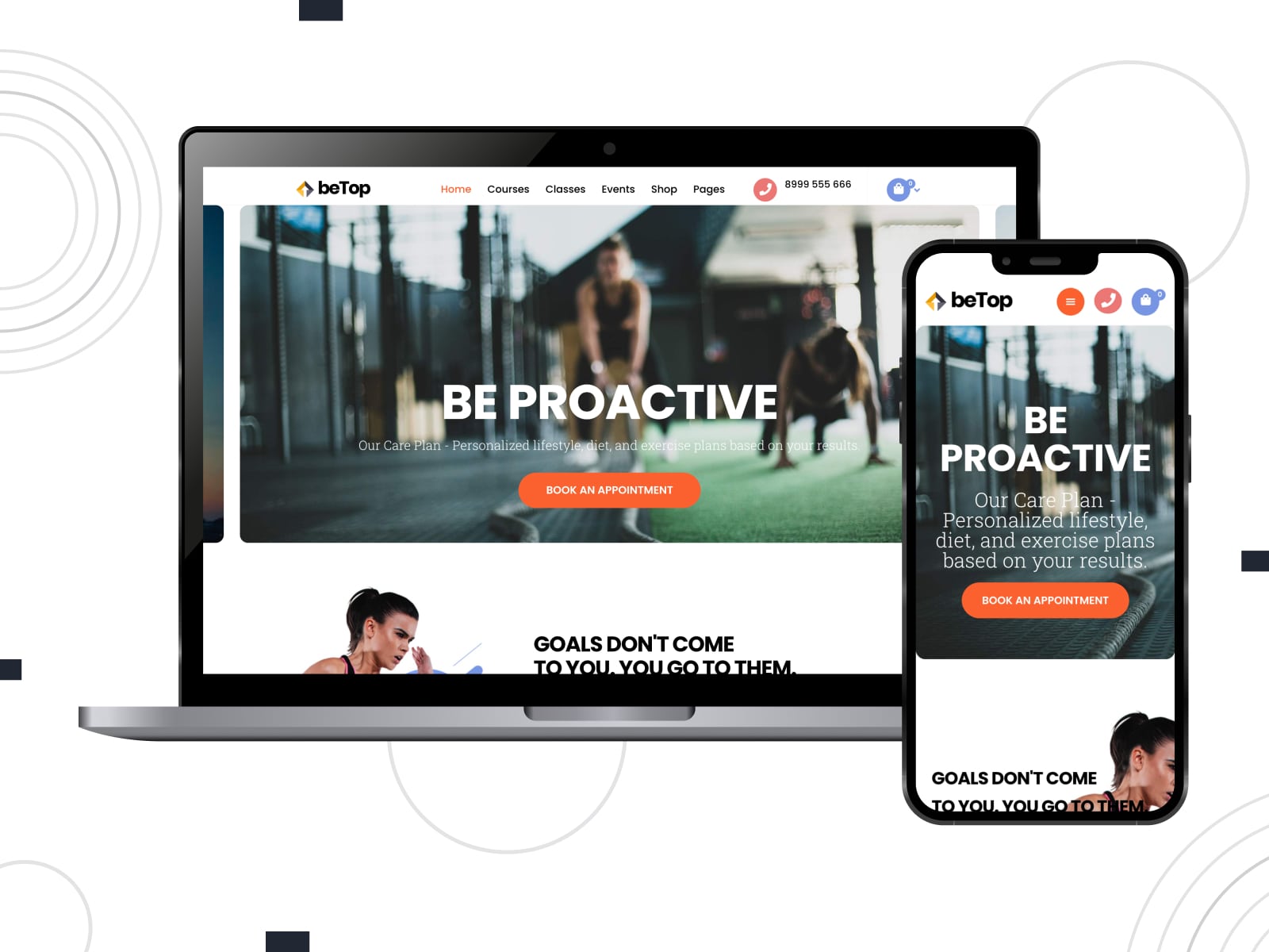 Collage of the BeTop personal trainer WordPress template on the desktop and mobile screens.