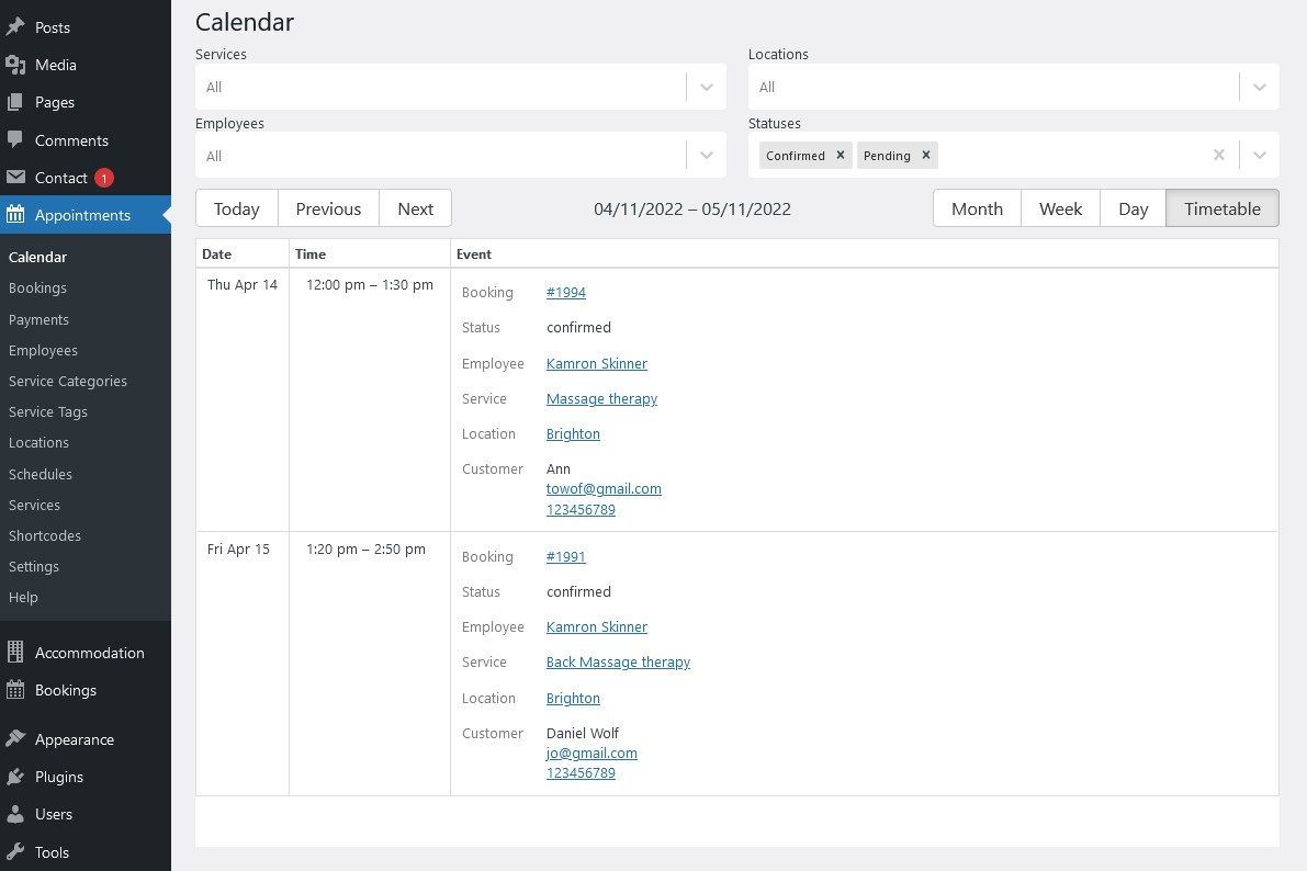 bookings calendar timeline