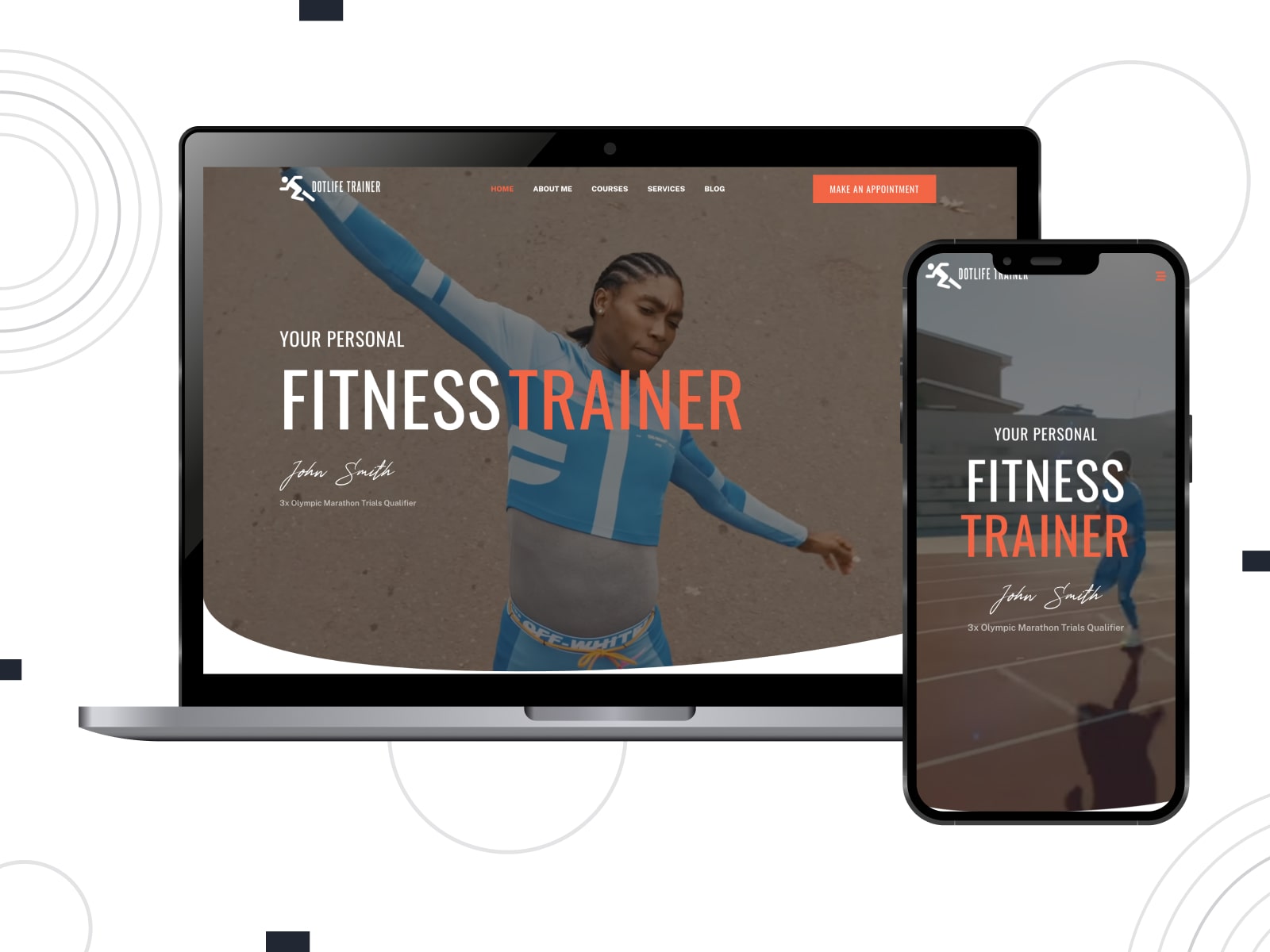 Collage of the DotLife fitness personal trainer WordPress themes template in beige, red and white colors.