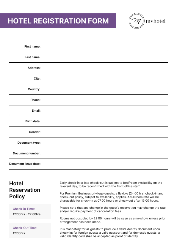 hotel registration form template 1